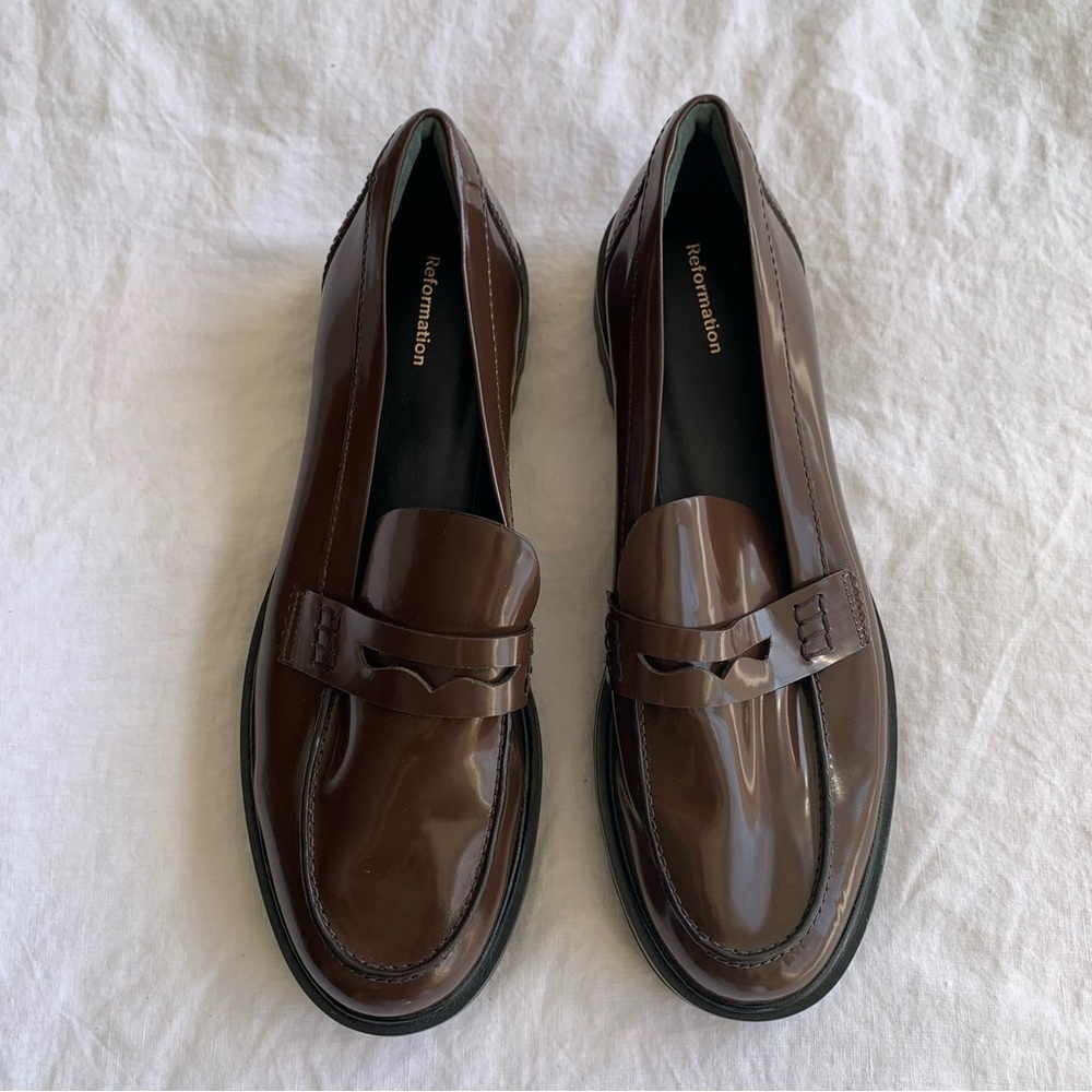 Reformation Agathea Chunky Loafer Leather Patent Shiny Platform Shoes Espresso